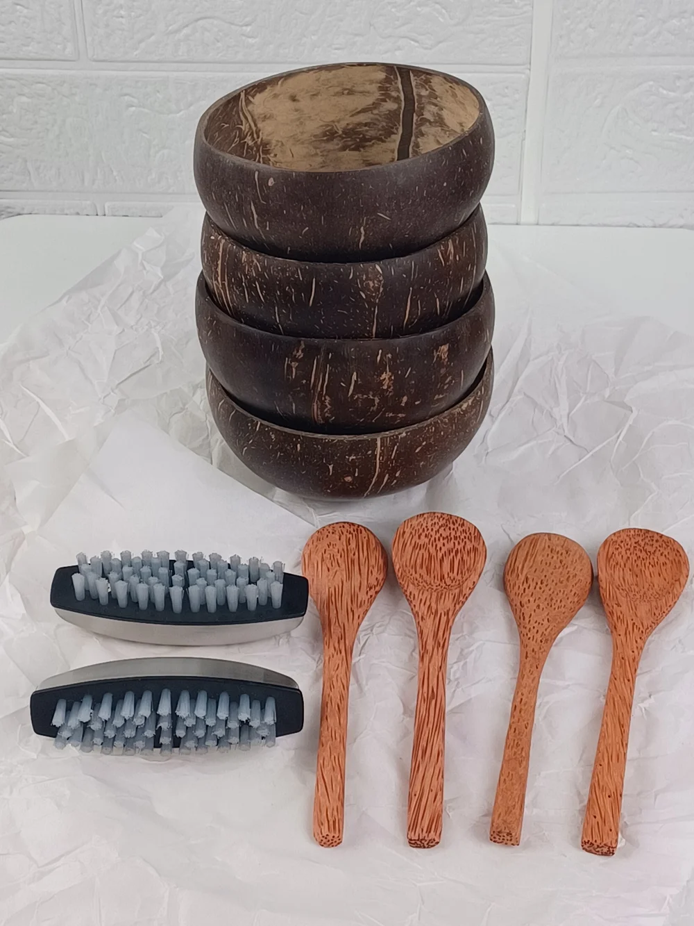 Natural Coconut Bowl Set with Wooden Spoons - Brown